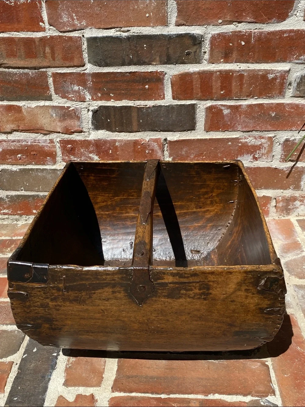 Antique Chinese Wooden Rice Measure Basket w/Handle and rustic metal accents